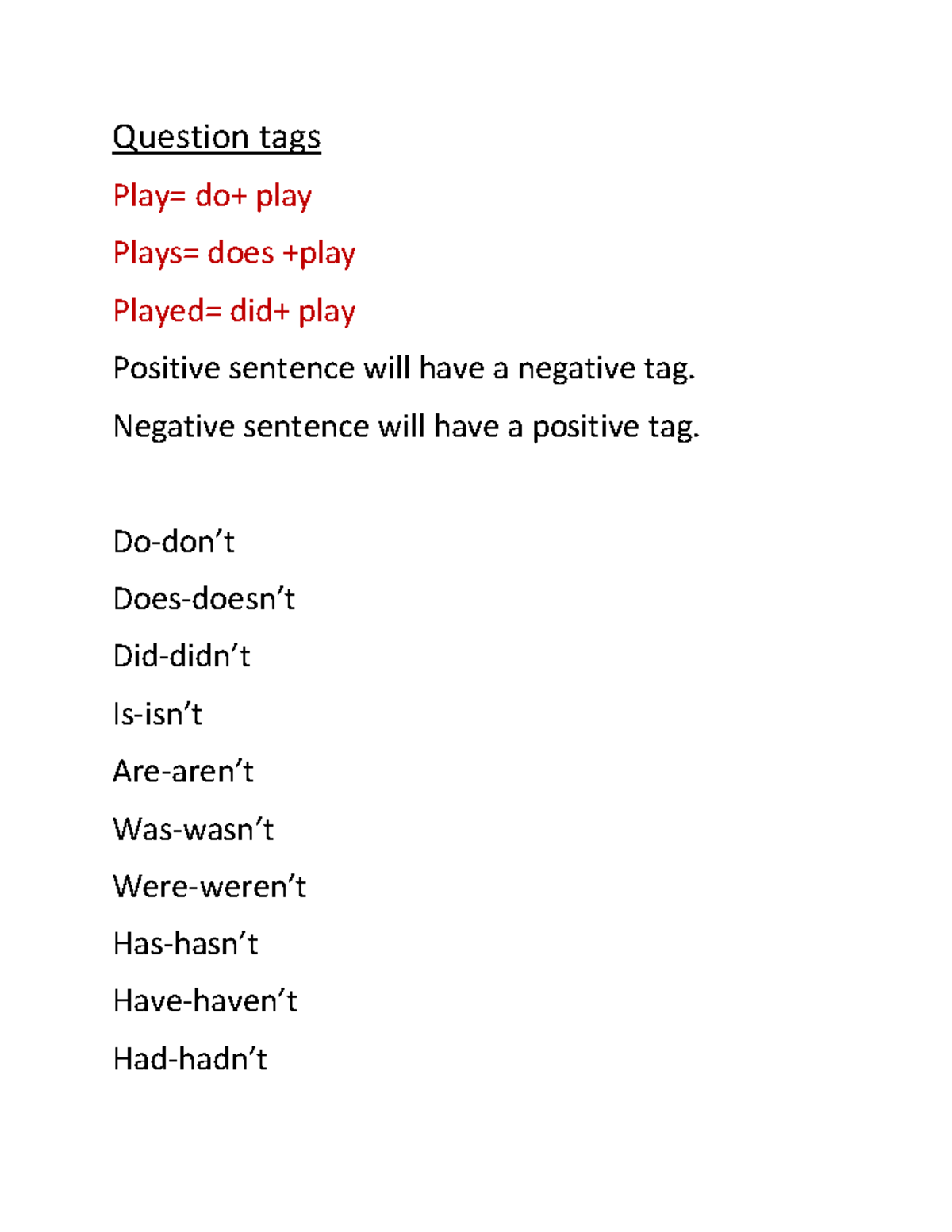 Question tags - Its a part of english grammer - Question tags Play= do+ ...