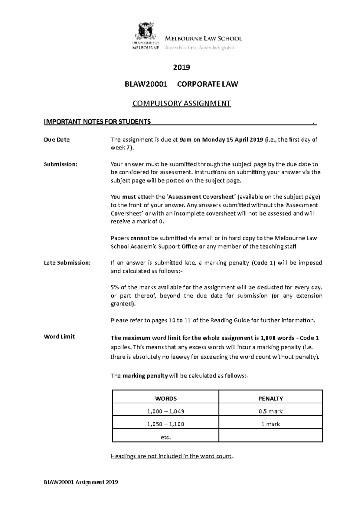 BLAW2000 1 Assignment Final 7 February 2019 - 2019 BLAW20001 CORPORATE ...