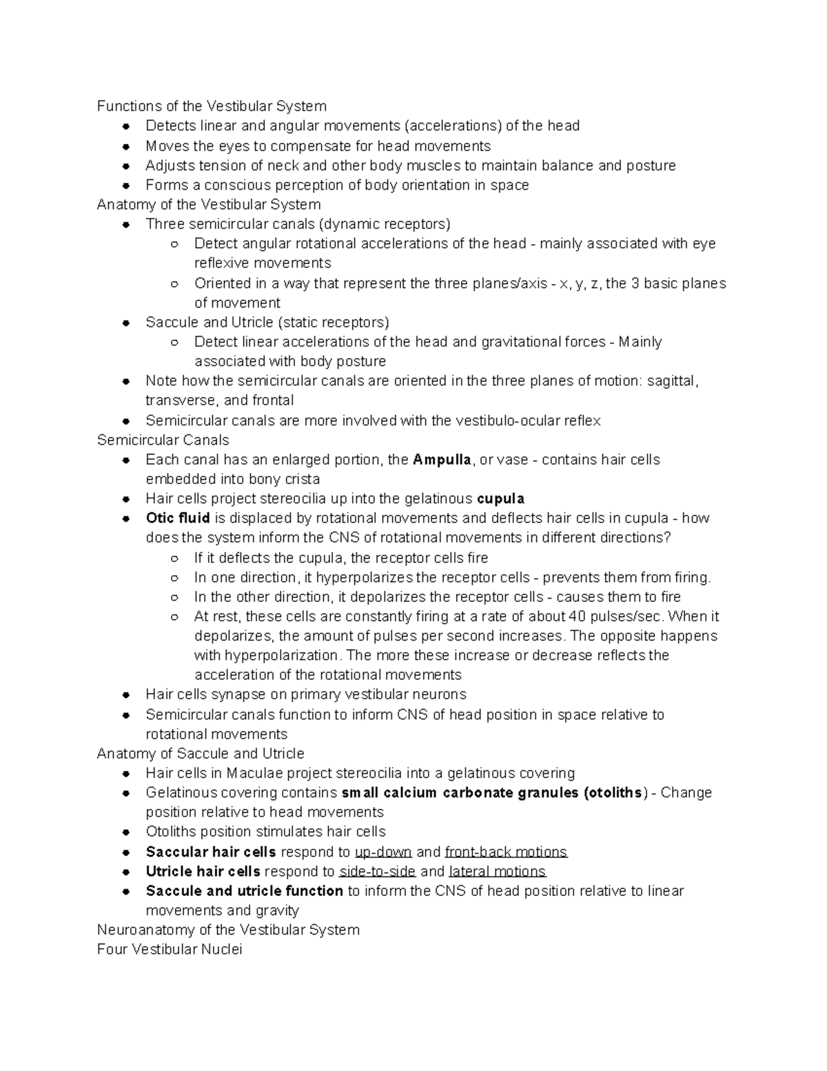 Vestibular System Notes - Neurology Exam 3 Review - Functions of the ...