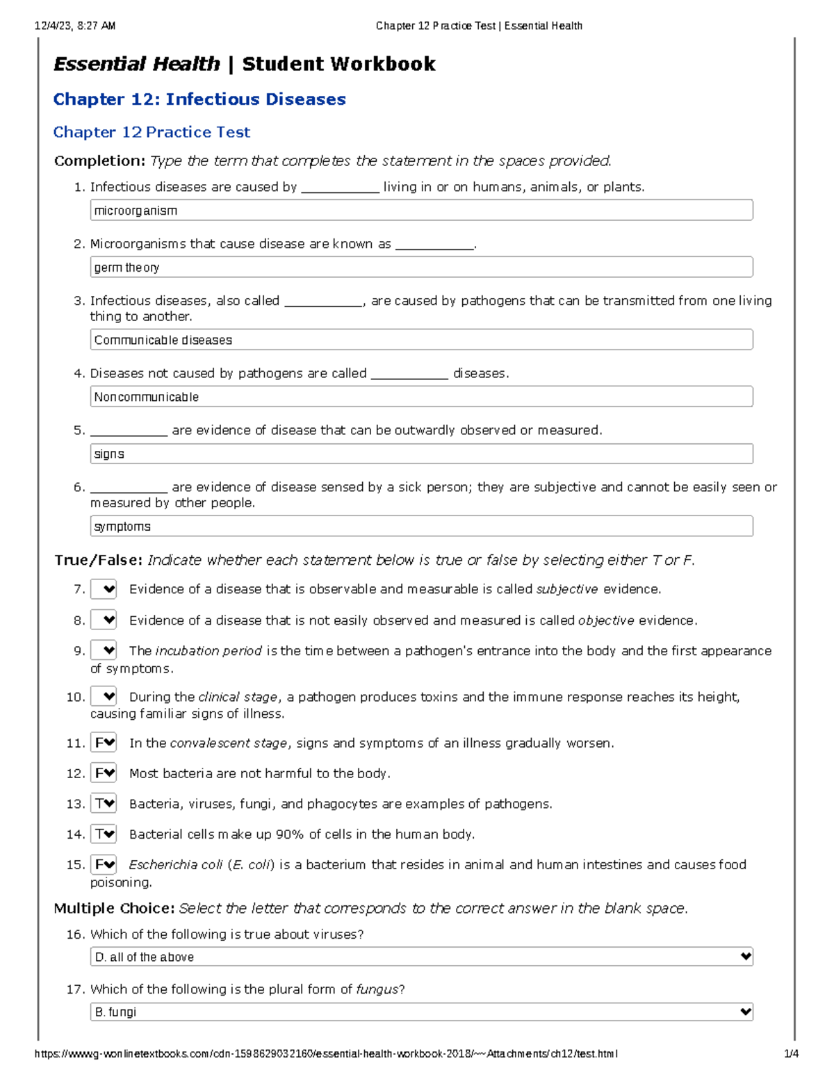 Chapter 12 Practice Test Essential Health Essential Health Student