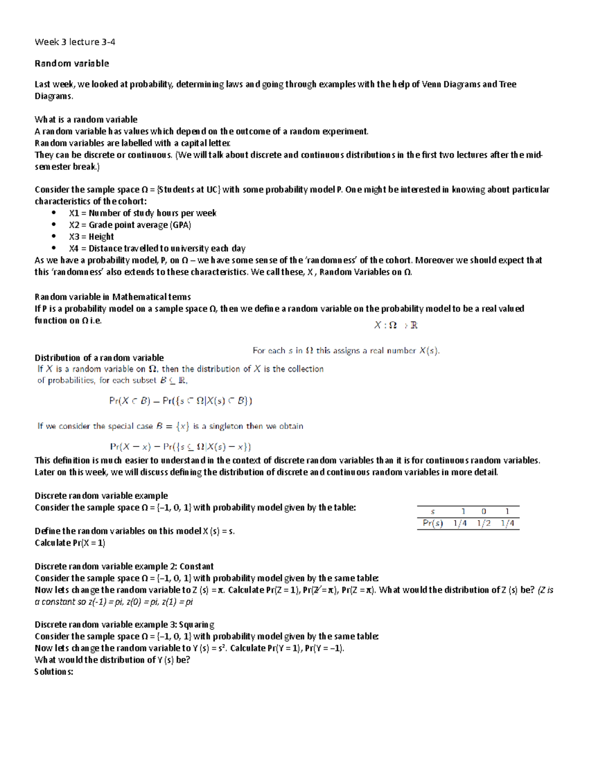 Week 6 Lecture 3-4 - Own Notes - Week 3 Lecture 3- Random Variable Last ...