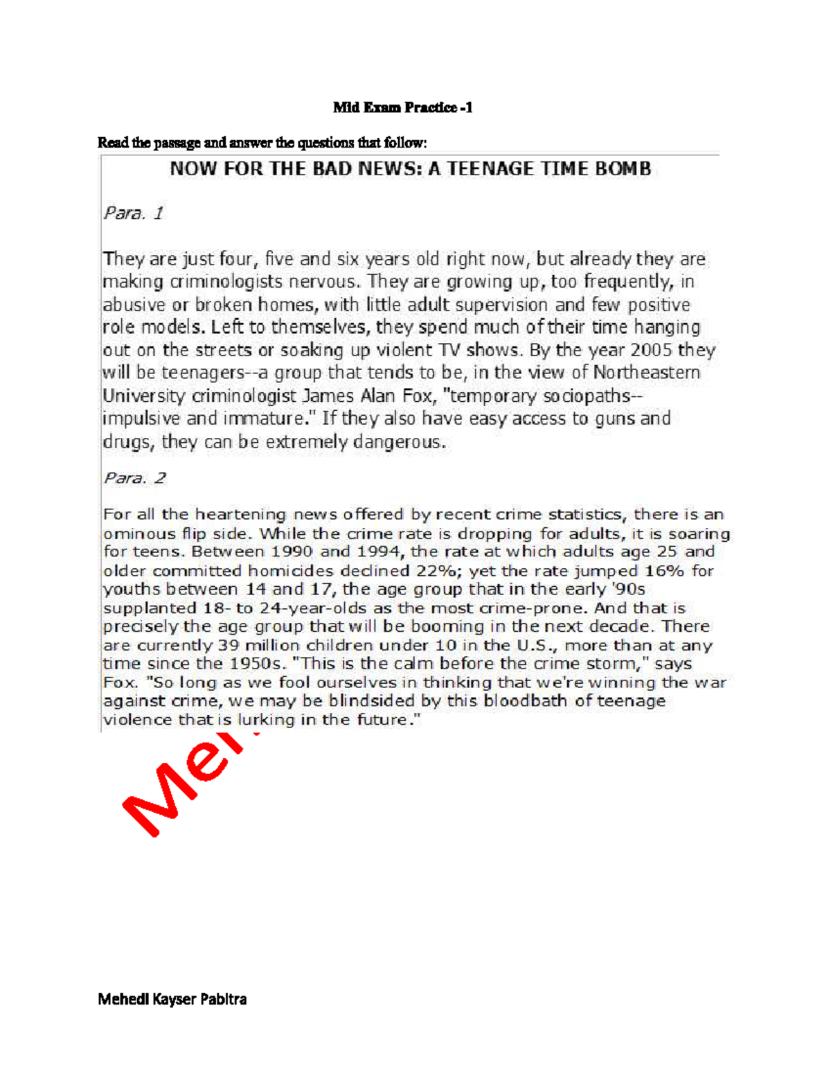 Main Idea Question - practice - Mid Exam Practice Read the passage and ...