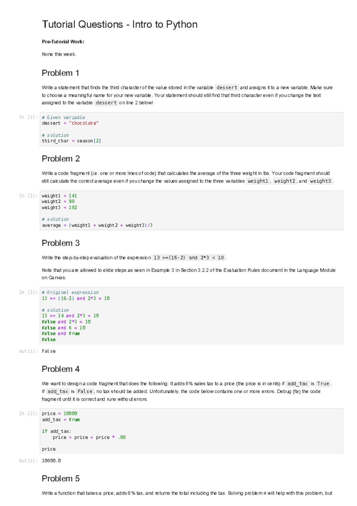 Intro To Python Tutorial Solution - Tutorial Questions - Intro To ...