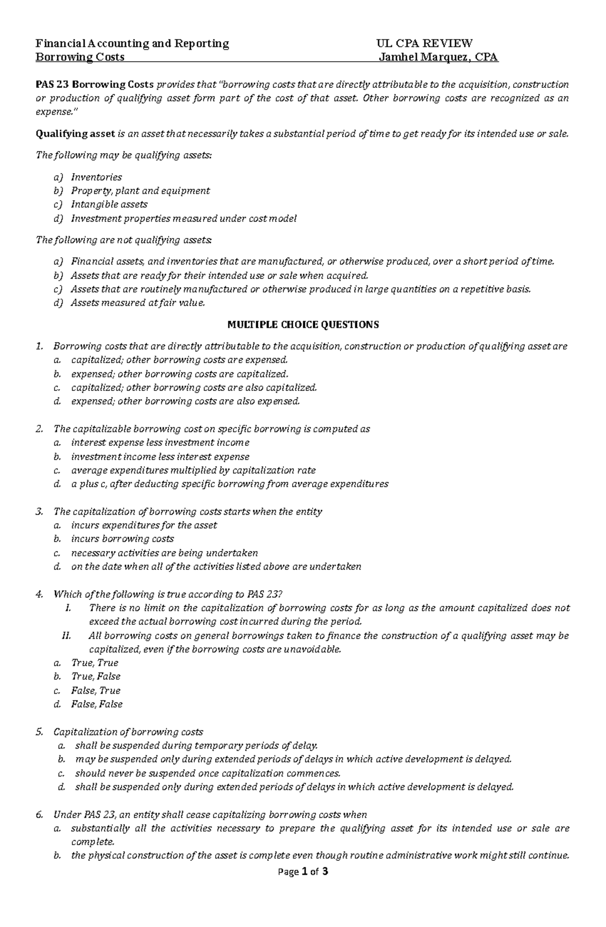 Borrowing Costs - The lecture notes provides overview and practice ...