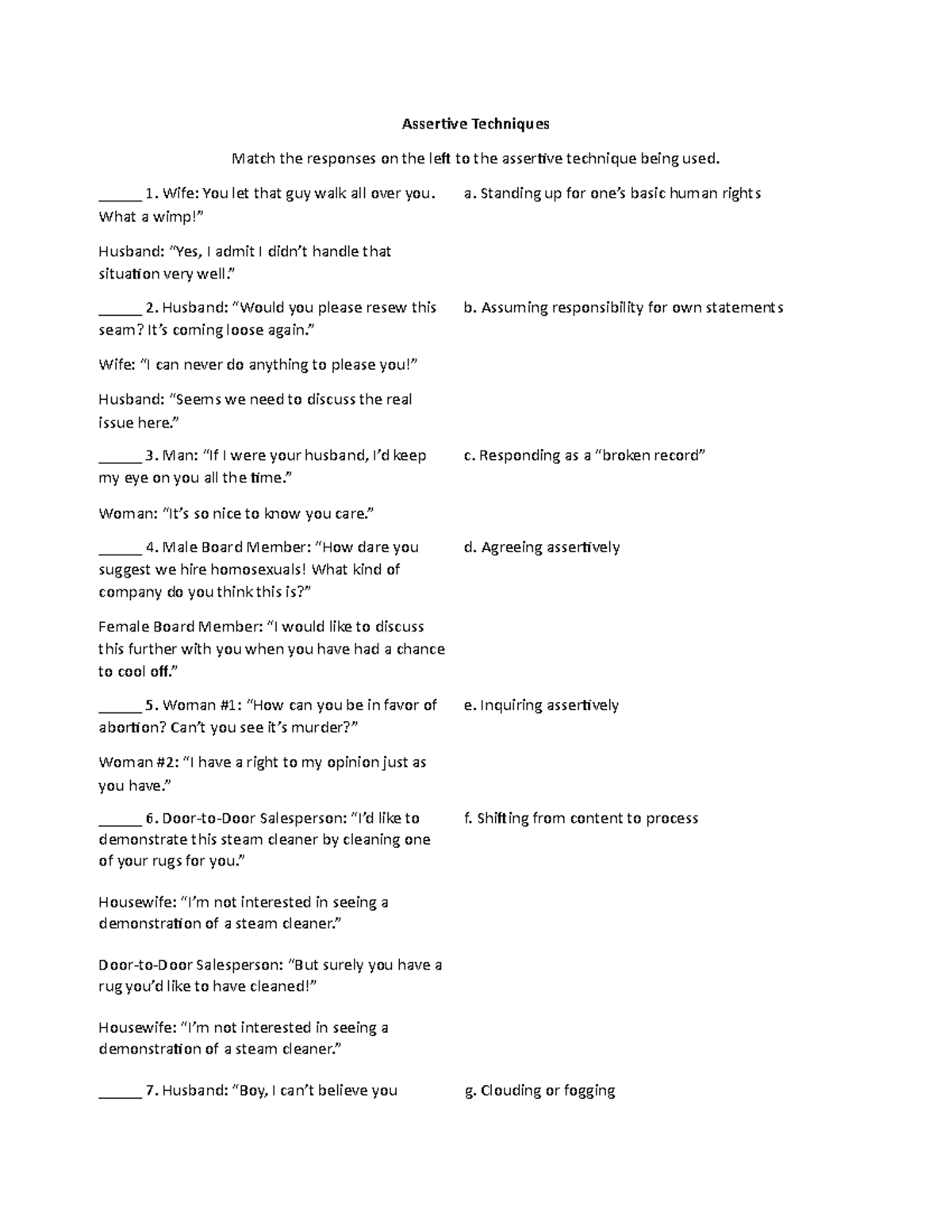 Assertiveness Techniques - Student Version - Assertive Techniques Match