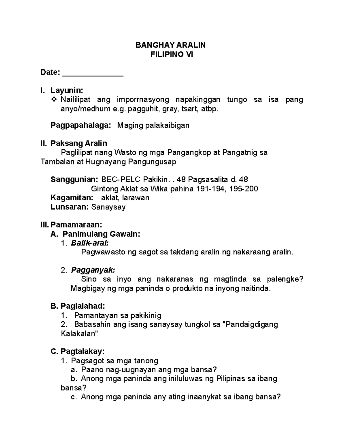 DLP- Filipino-6 - Detailed Lesson Plan - BANGHAY ARALIN FILIPINO VI ...