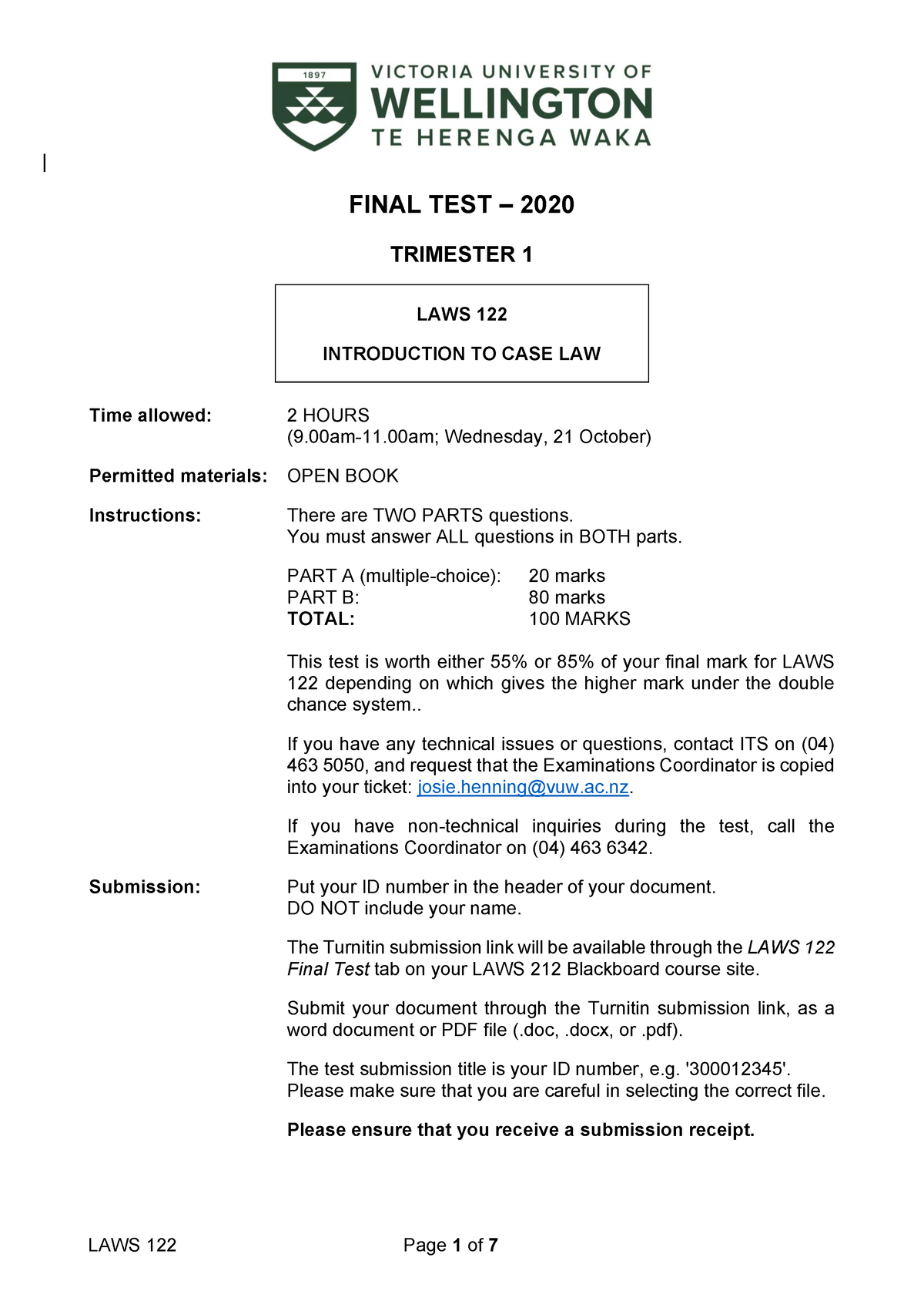 LAWS 122- Final TEST-2020- Final - FINAL TEST – 2020 TRIMESTER 1 LAWS ...