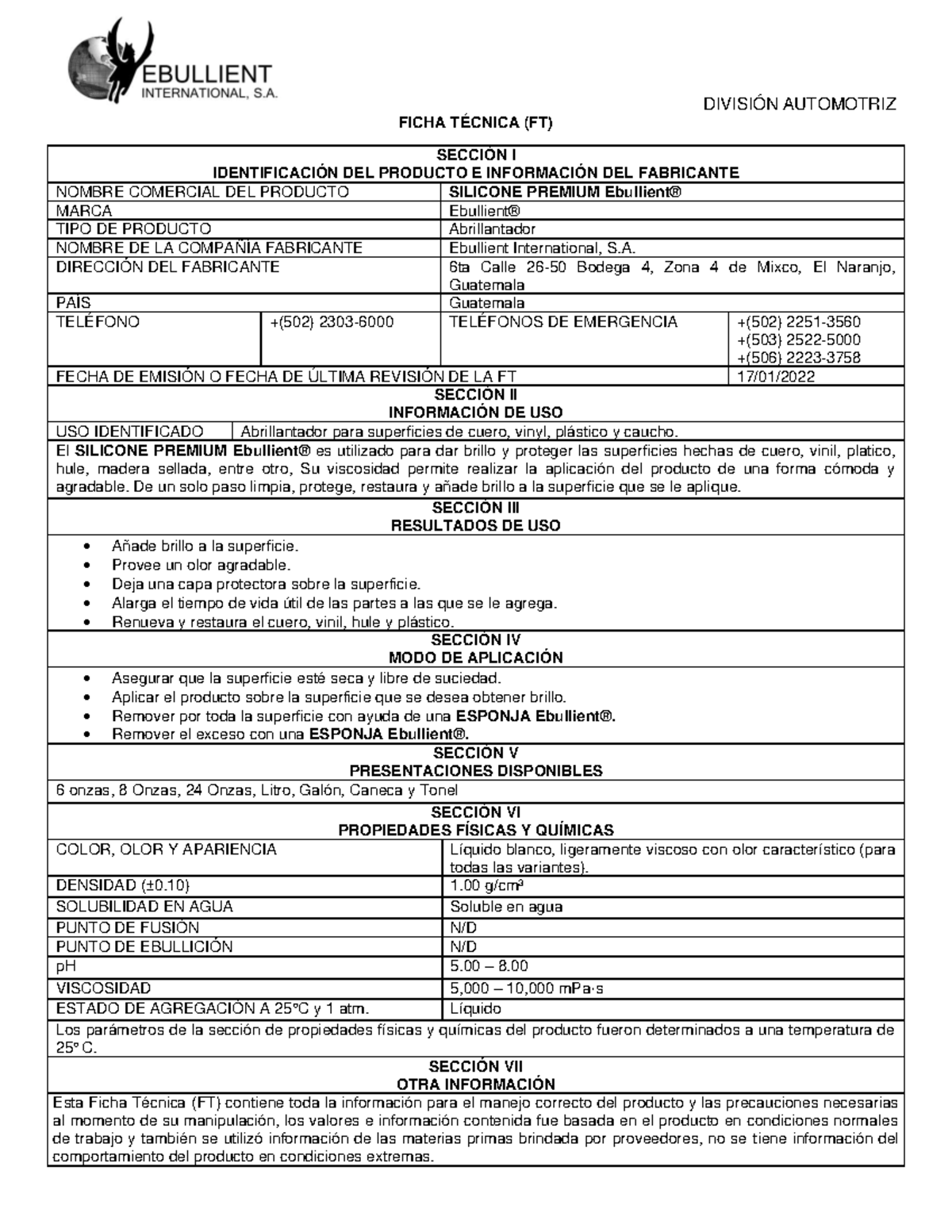 2022 FT Silicone Premium DIVISIÓN AUTOMOTRIZ FICHA TÉCNICA (FT