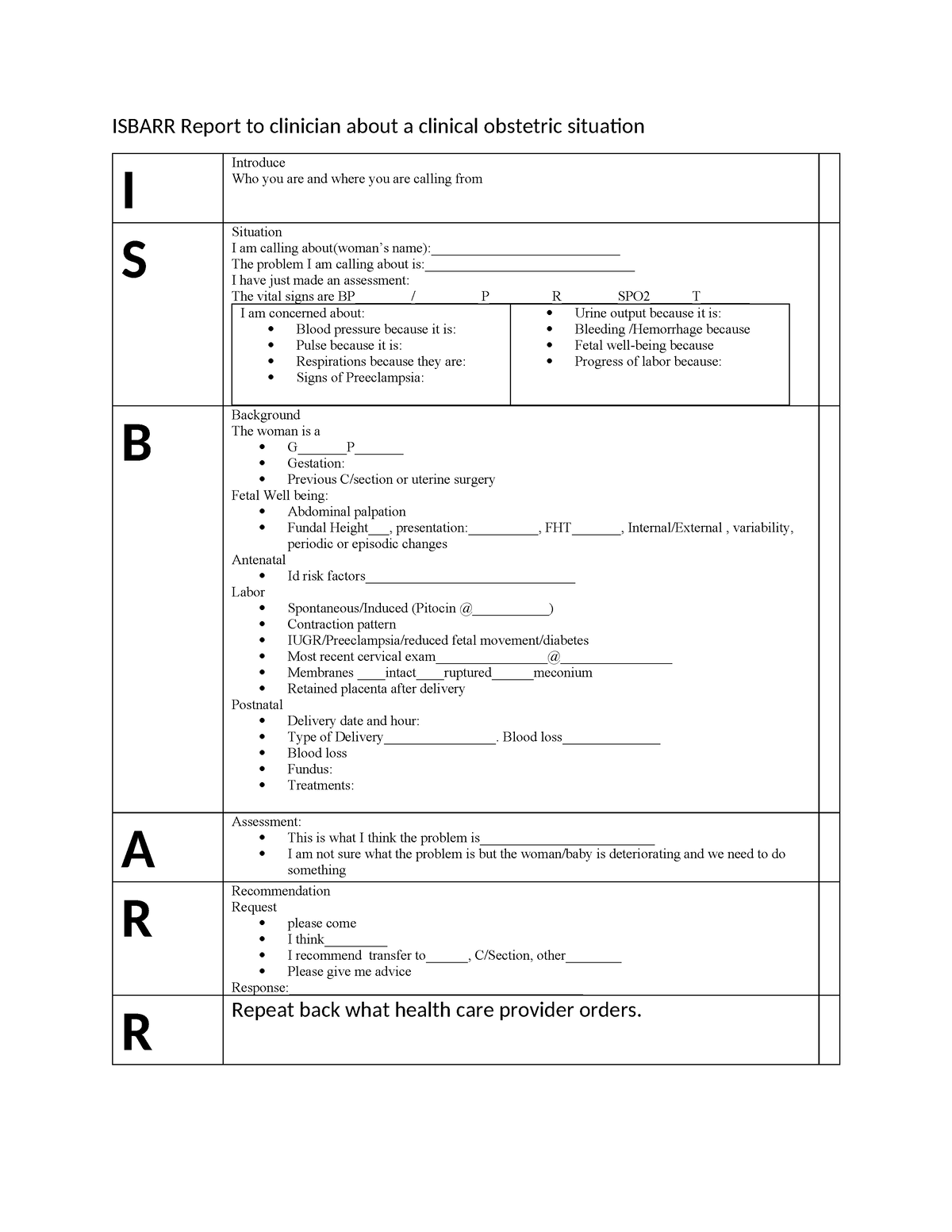 Isbarr (10) - ISBAR sheet - ISBARR Report to clinician about a clinical ...