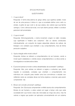 questões sobre etica e moral - ÉTICA E PROFISSÃO QUESTIONÁRIO O que é ...