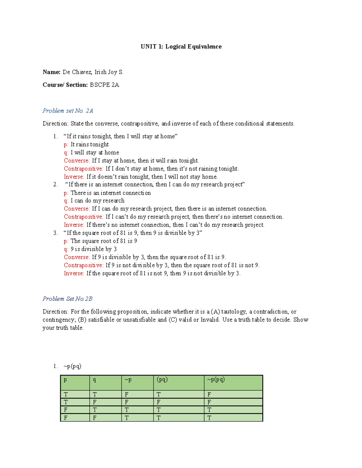 UNIT 1 DM - Discrete Math Activity - UNIT 1: Logical Equivalence Name ...