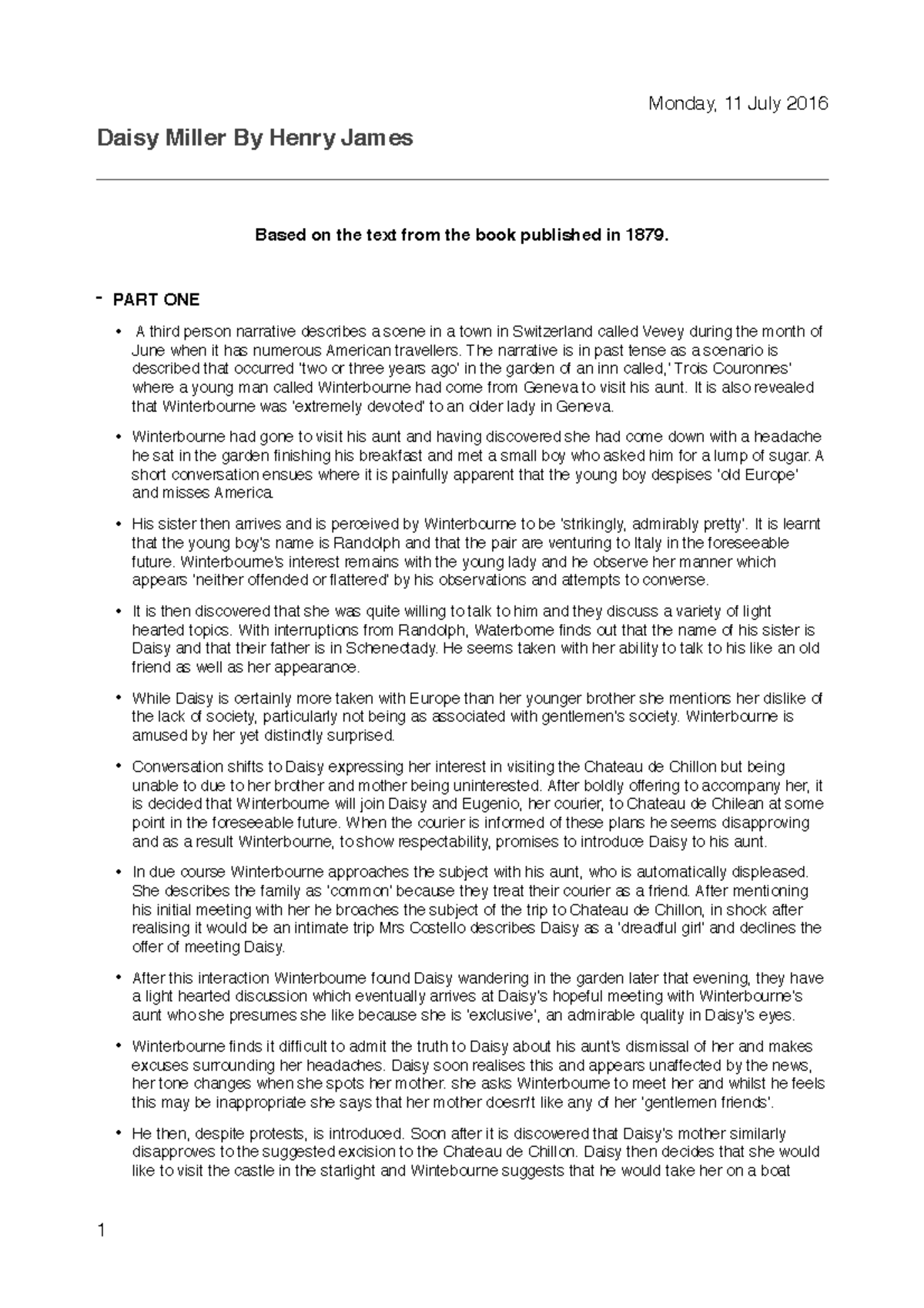 Summary Daisy Miller 2000 words Monday, 11 July 2016 Daisy Miller