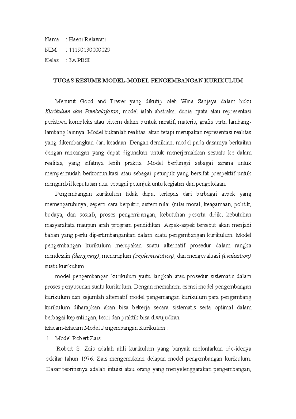 Resume Model- Model Pengembangan Kurikulum - Nama : Haeni Relawati NIM ...