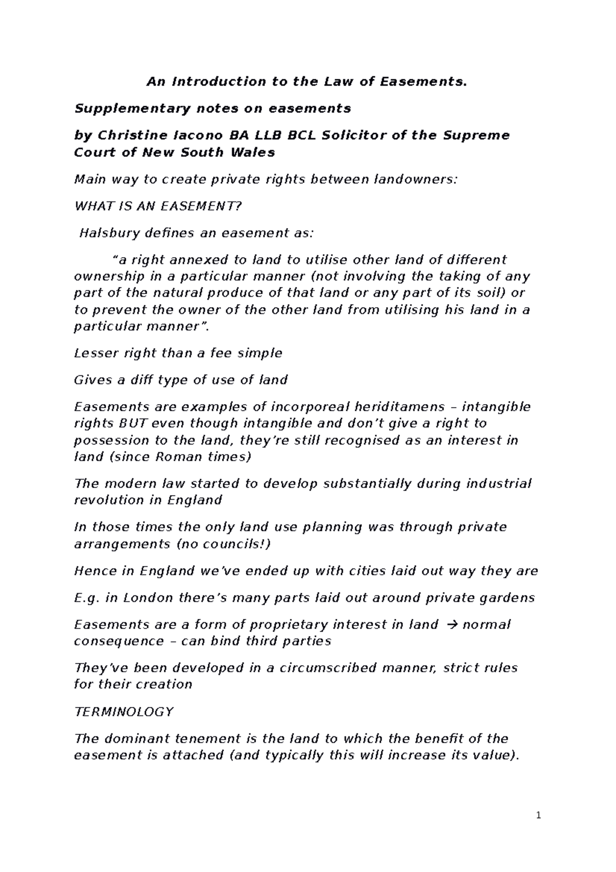 An Introduction to the Law of Easements Part 1 Supplementary notes on