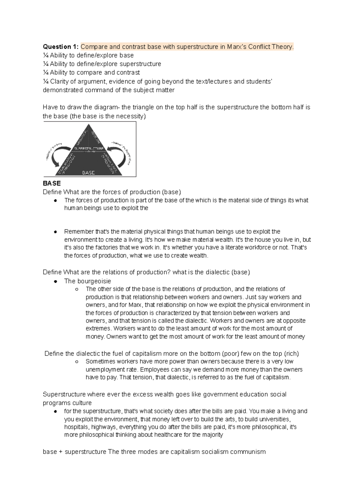 Soci final - Question 1: Compare and contrast base with superstructure ...