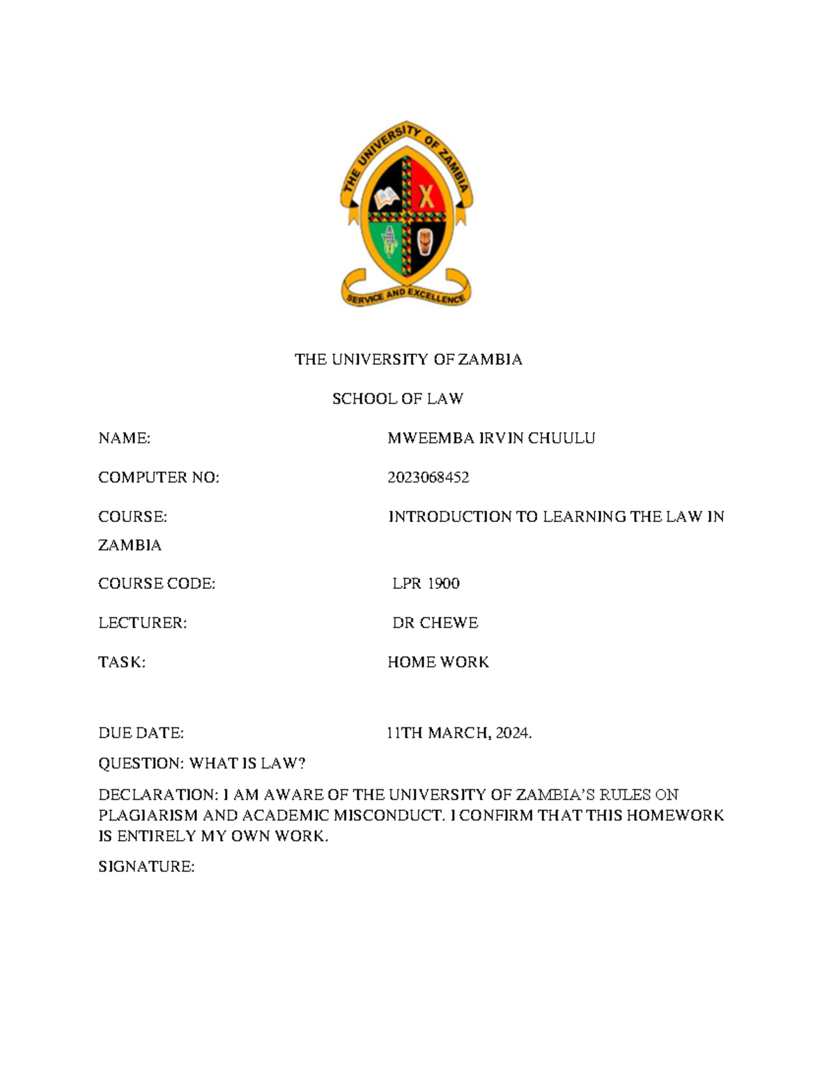 LPR 1900 tutorial homework - THE UNIVERSITY OF ZAMBIA SCHOOL OF LAW ...