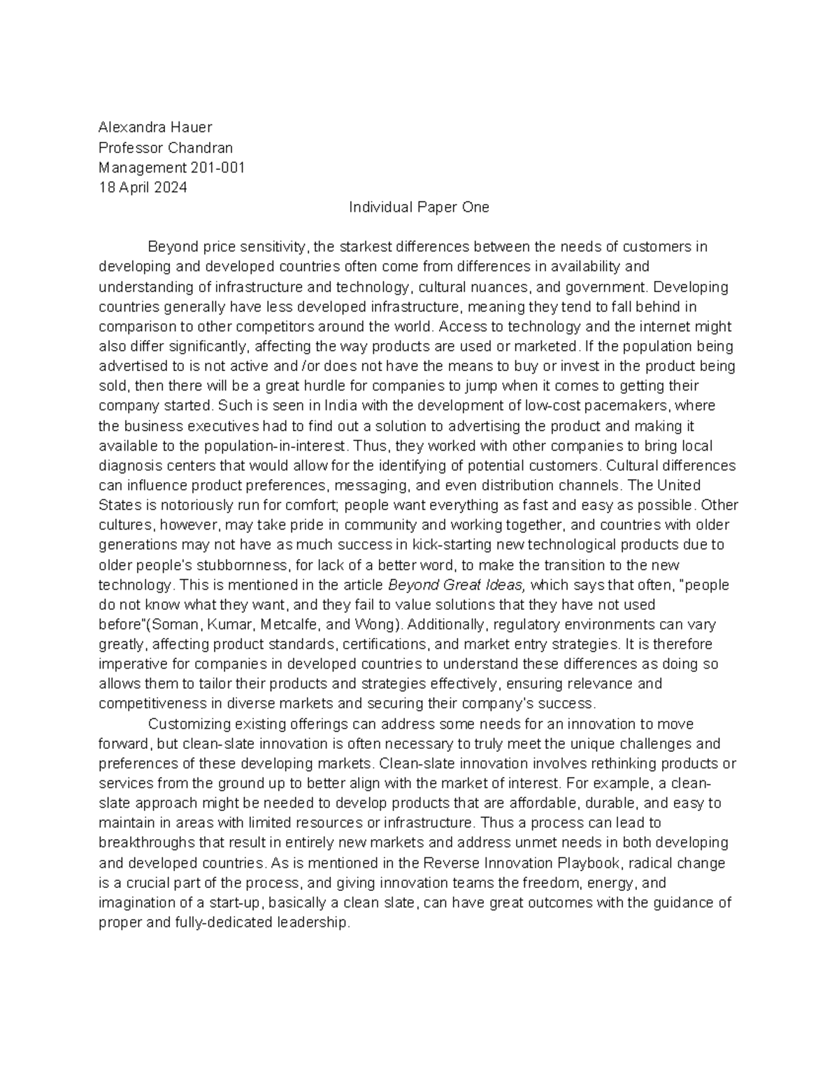 Individual paper 1 - Alexandra Hauer Professor Chandran Management 201 ...