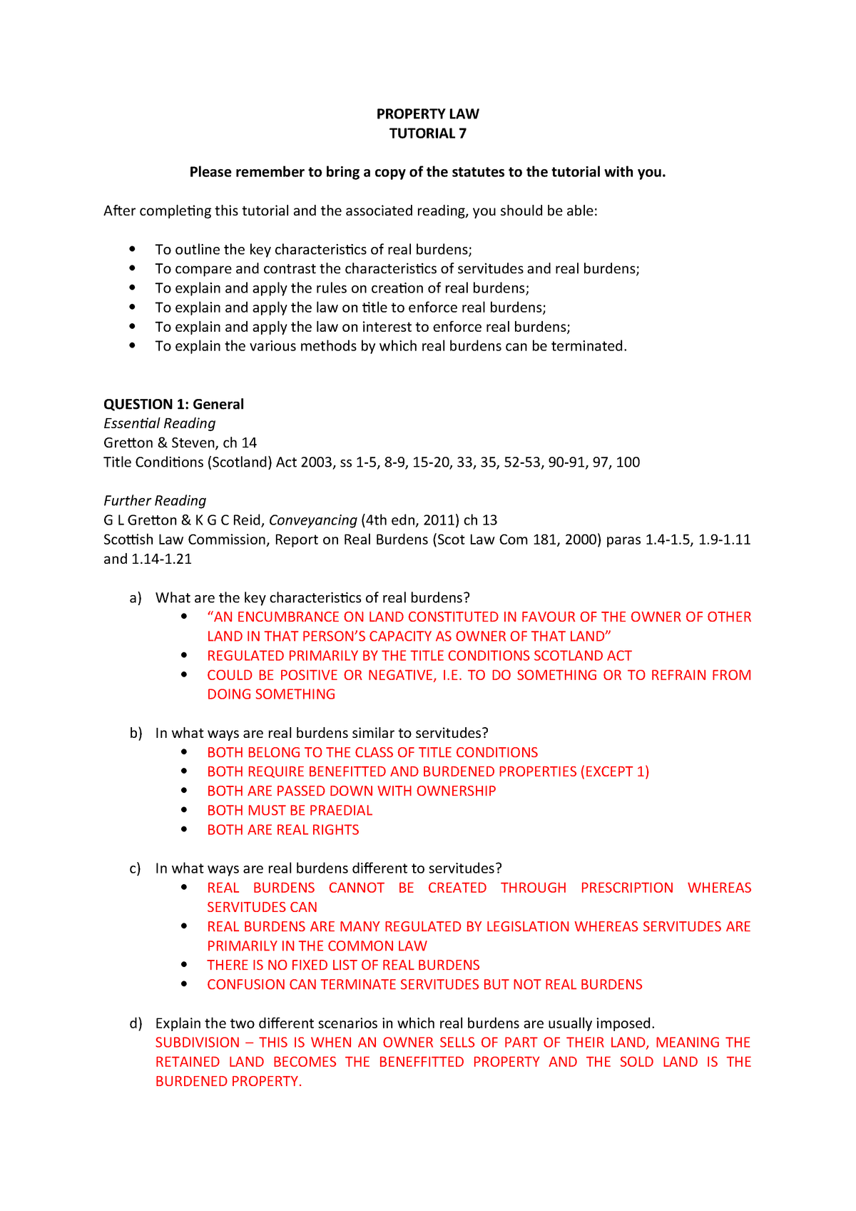 Tutorial 2 Real Burdens Property Law LAW2011 StuDocu