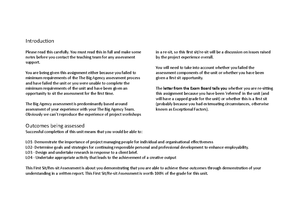 TBA Resit - The Big Agency assessment is predominantly based around ...