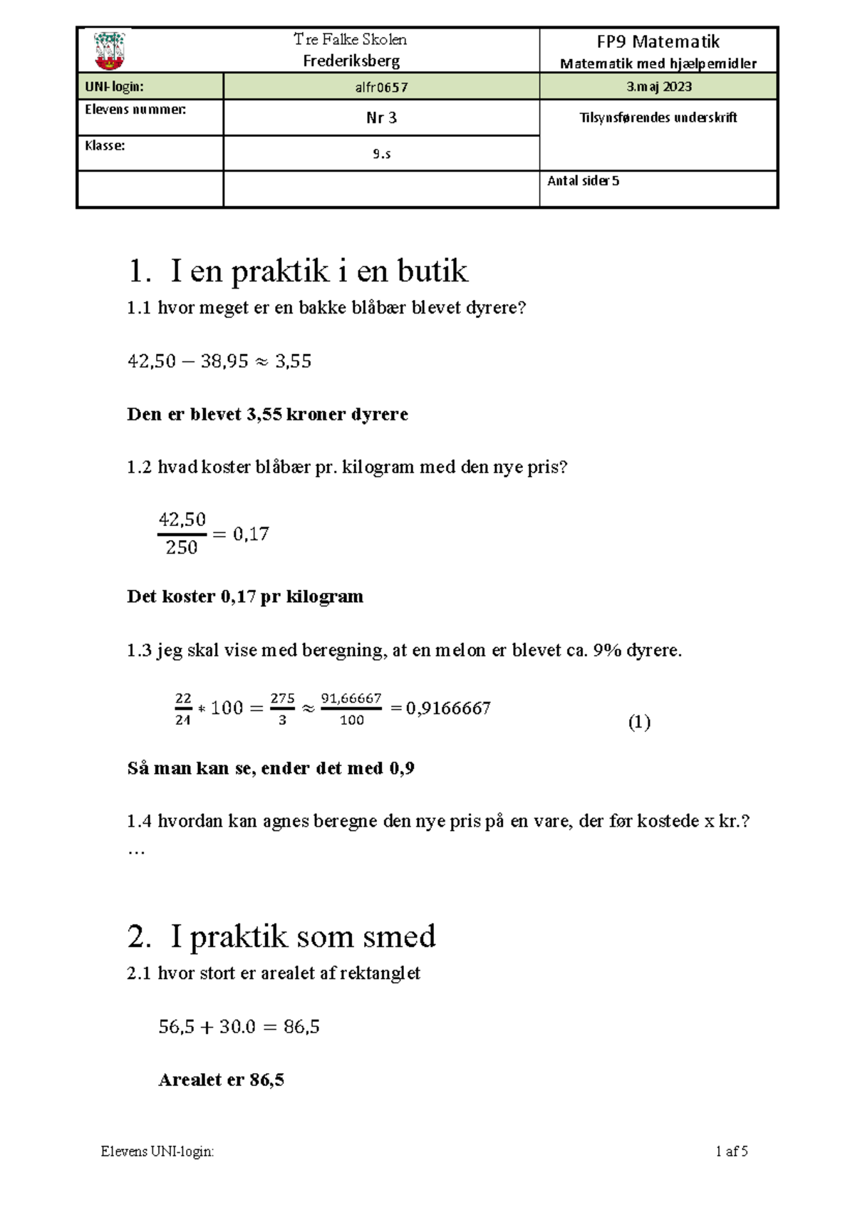 Prøveskabelon Matematik Med Hjælpemidler FP 9 - Frederiksberg FP 9 ...