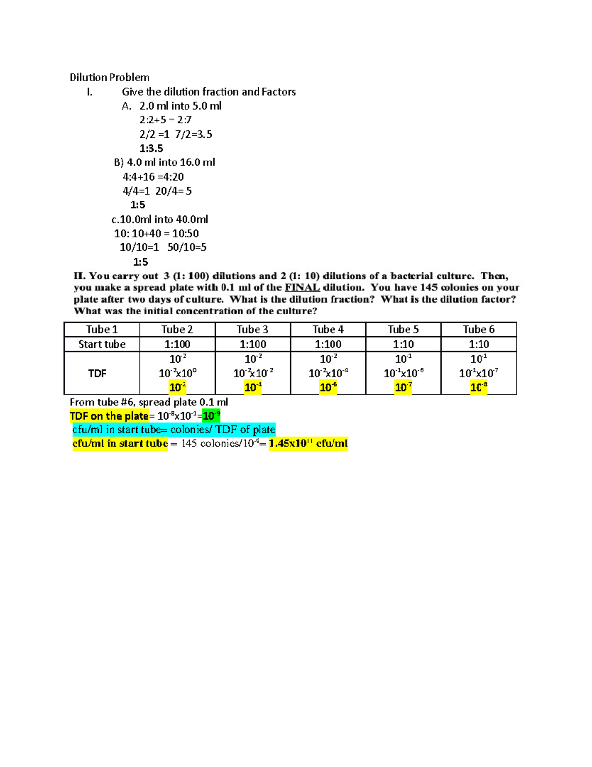 Lab exam 1 DIlution problems Dilution Problem I. Give the dilution