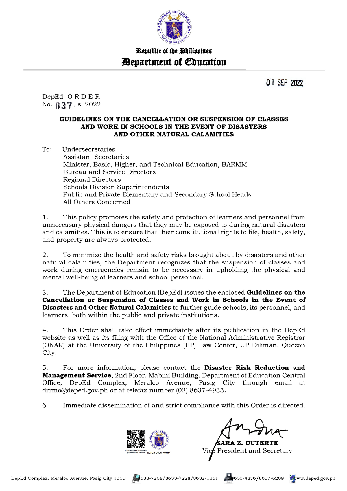 Do S2022 037 Memo Deped O R D E R No S 2022 Guidelines On The Cancellation Or Suspension 1095