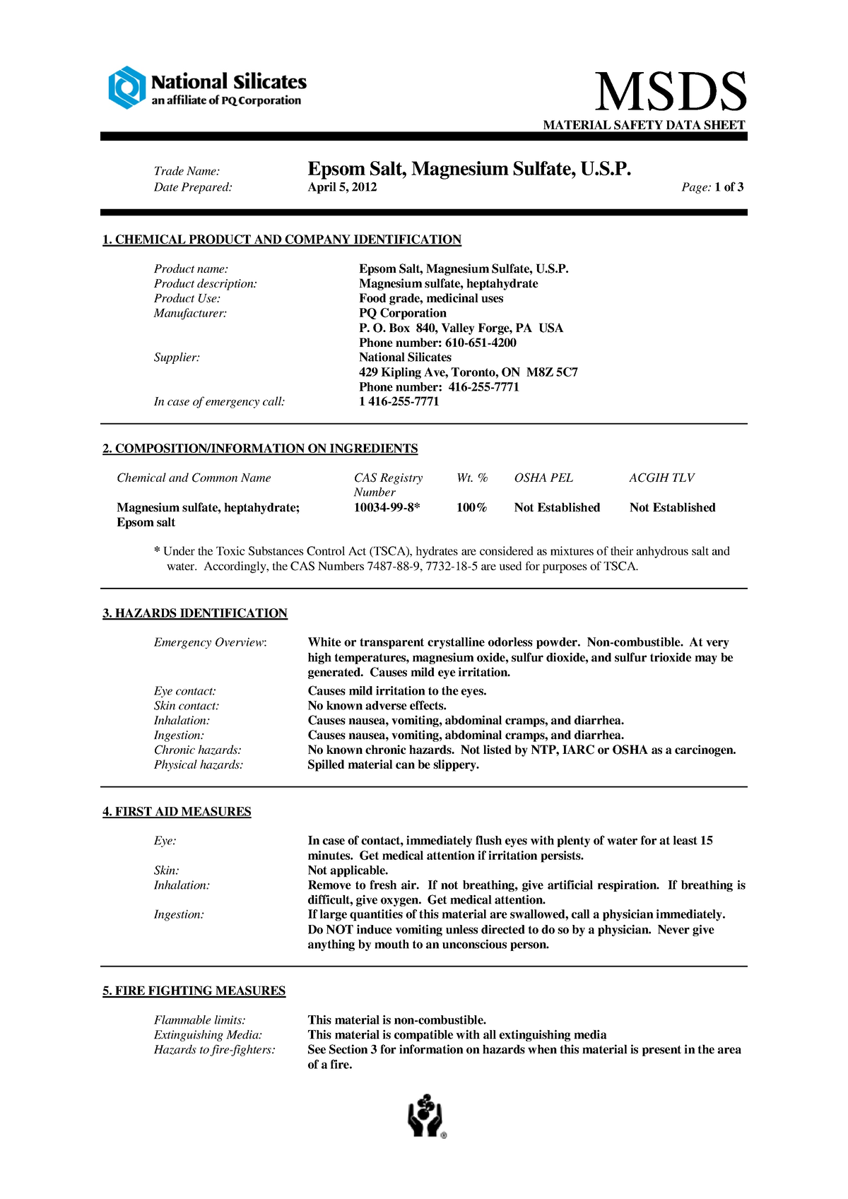 Epsom salt usp msds2012 MATERIAL SAFETY DATA SHEET Trade Name Epsom Salt, Magnesium Sulfate