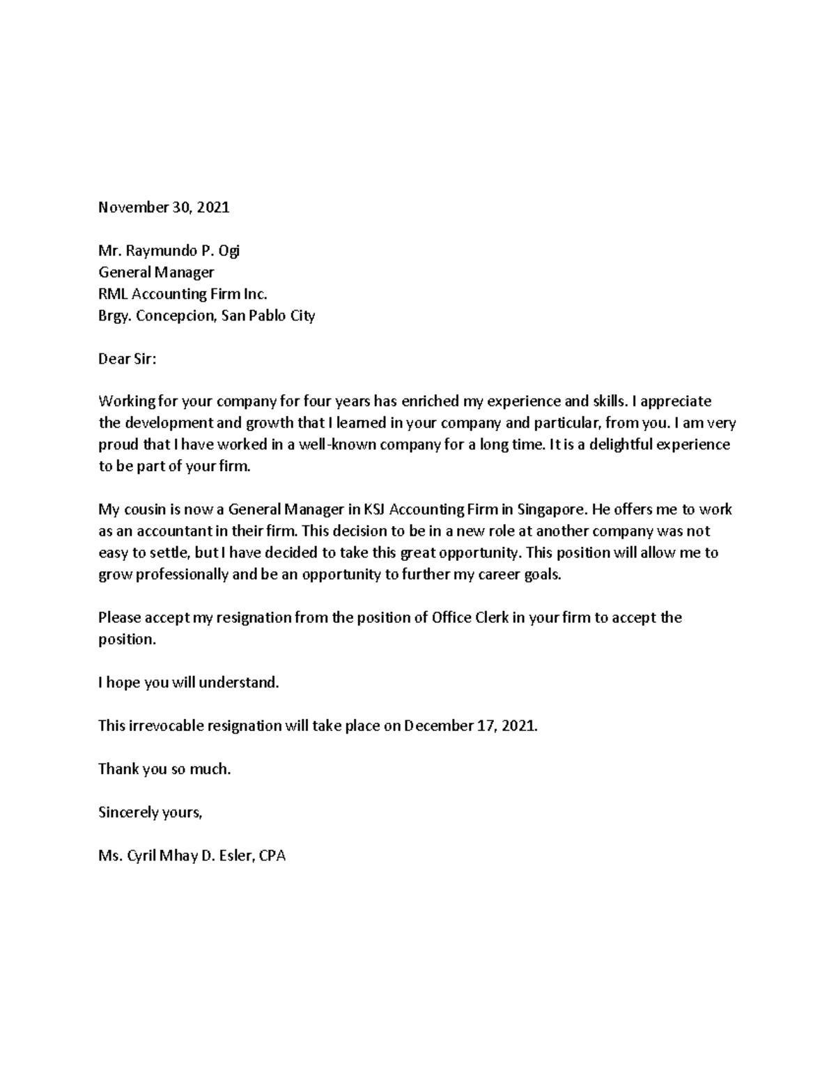 Resignation Letter for the Business - November 30, 2021 Mr. Raymundo P ...