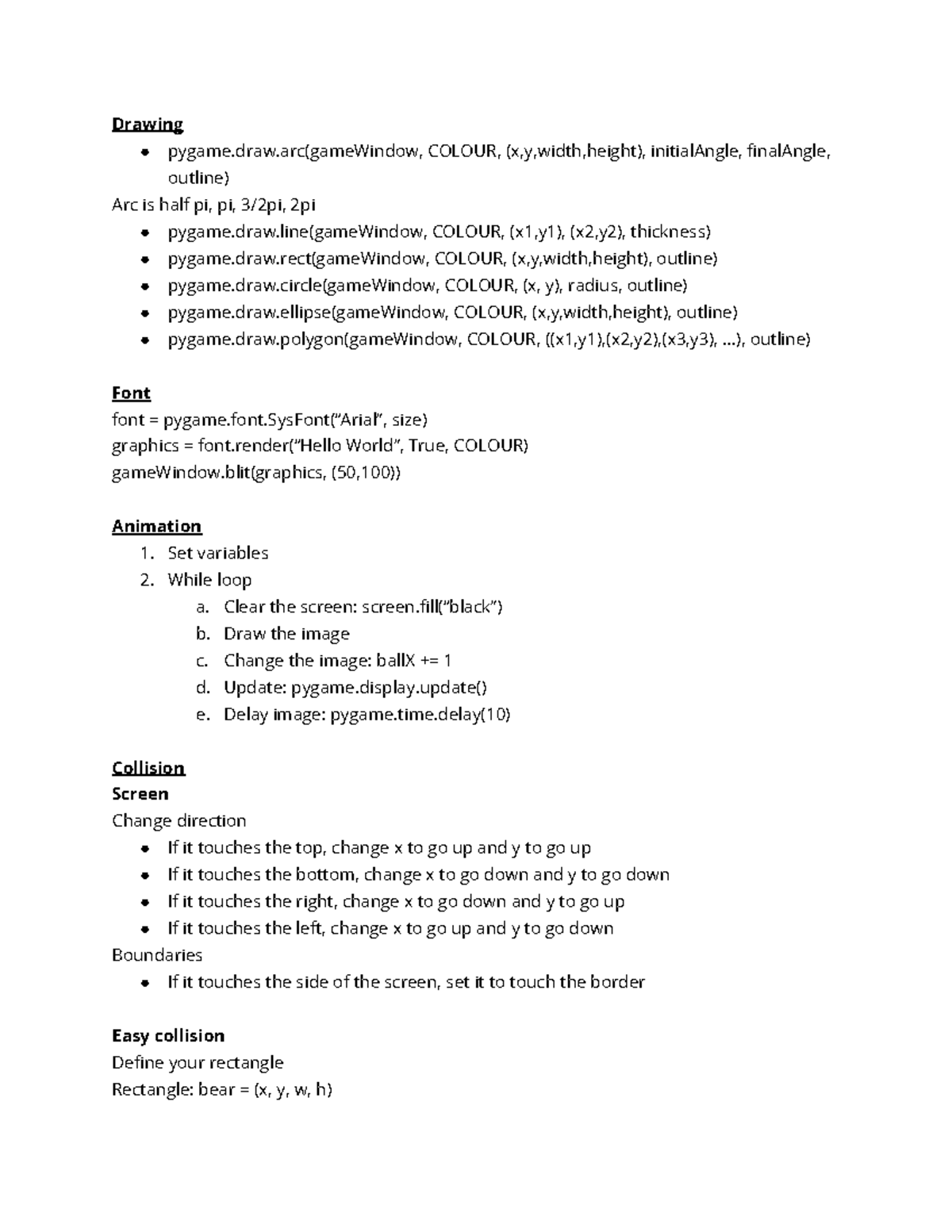 Pygame Cheat Sheet - Drawing pygame.draw(gameWindow, COLOUR, (x,y,width ...