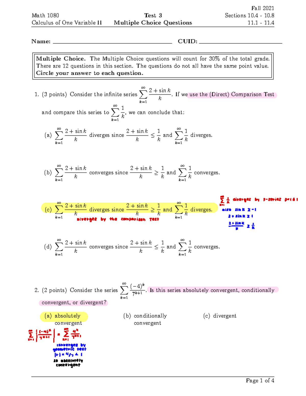 Exam 3 Fall 2021 - Practice - Math 1080 Calculus of One Variable II Te ...