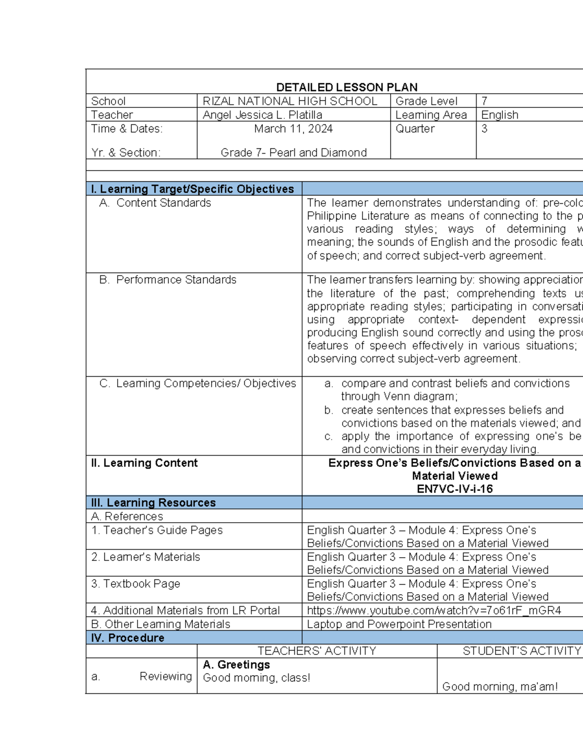 Beliefs AND Conviction - DETAILED LESSON PLAN School RIZAL NATIONAL ...