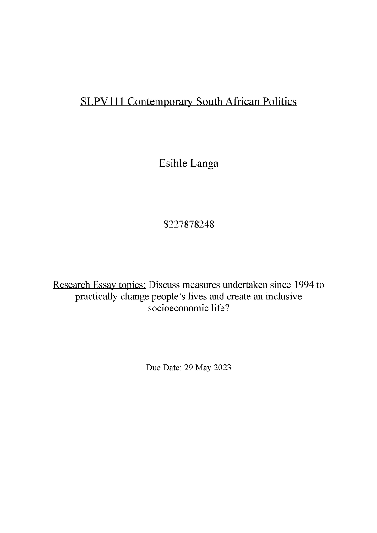 SLPV111 Contemporary South African Politics - - Studocu