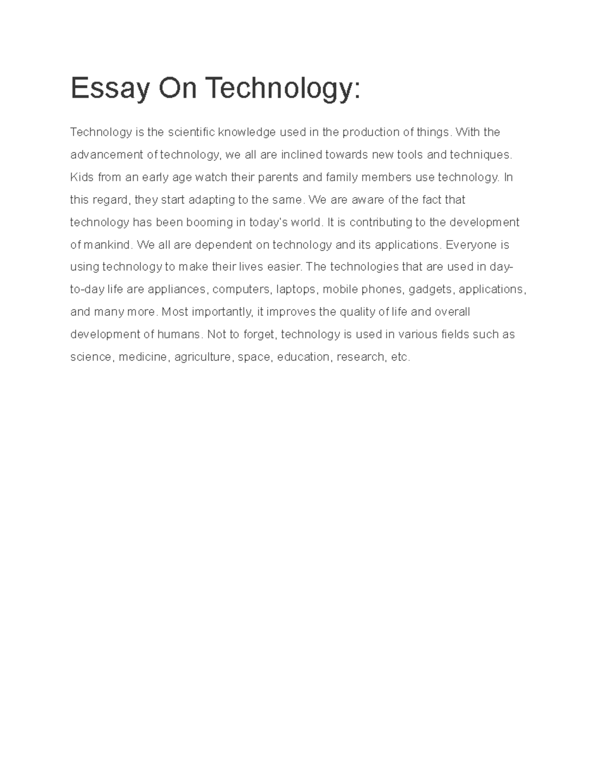 Essay On Technology - eassy - Essay On Technology: Technology is the ...