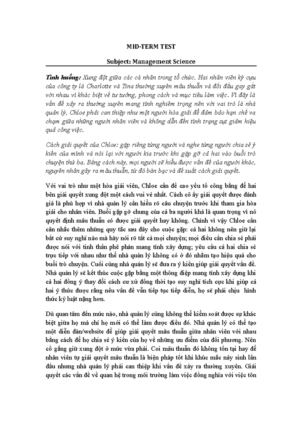 Khoa học quản lý MIDTERM TEST Subject Management Science Tình huống