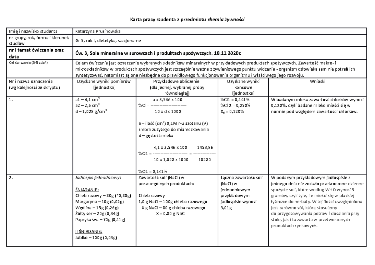 Karta pracy ćw. 3 sole mineralne - Karta pracy studenta z przedmiotu