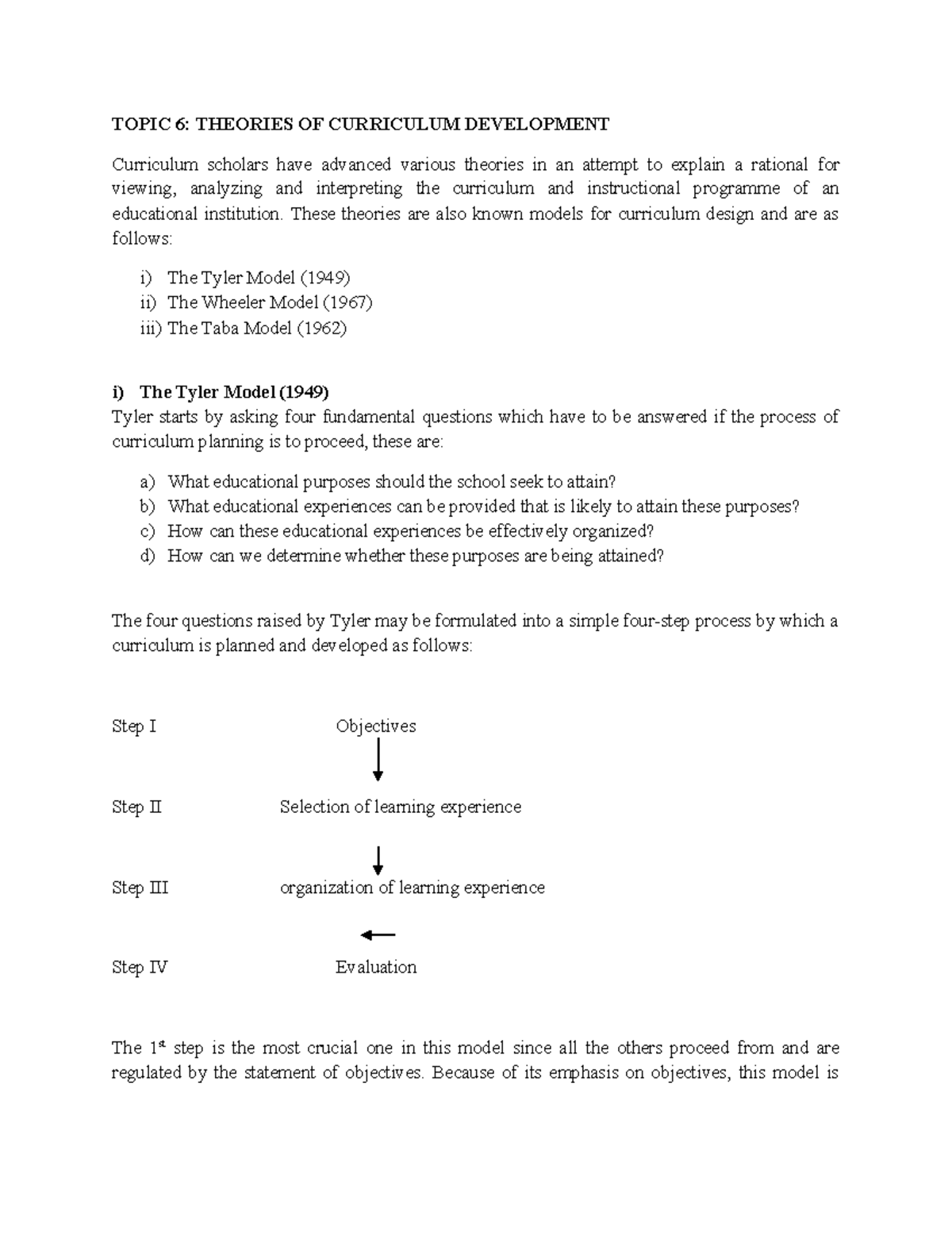 Topic 6 and 7 CIM 212 Notes TOPIC 6 THEORIES OF CURRICULUM