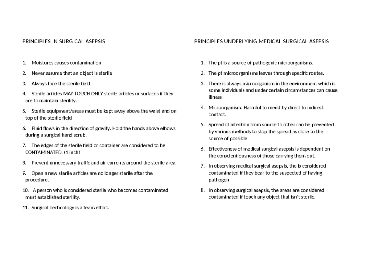 FON - note - PRINCIPLES IN SURGICAL ASEPSIS 1. Moistures causes ...