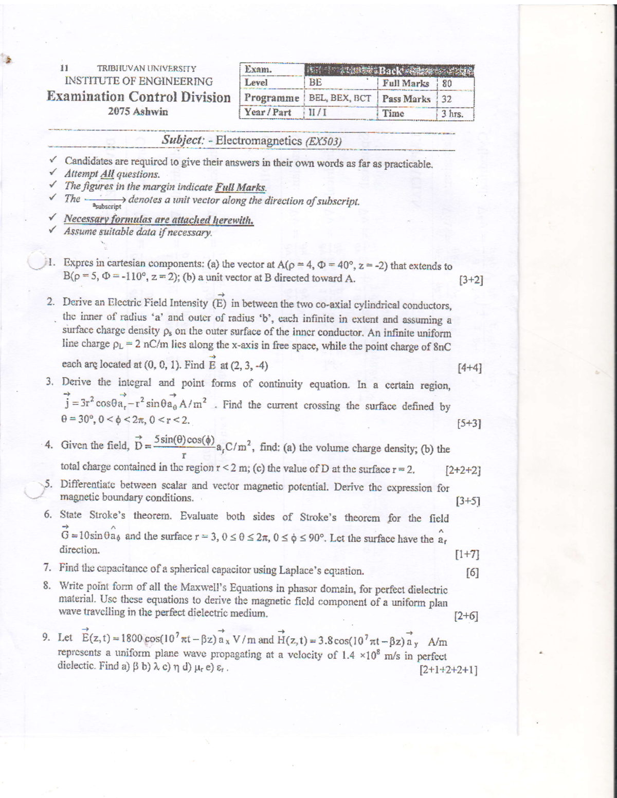 Electromagnetics Past Questions - ,.'* II TRIBHUVAN UNIVERSITY ...