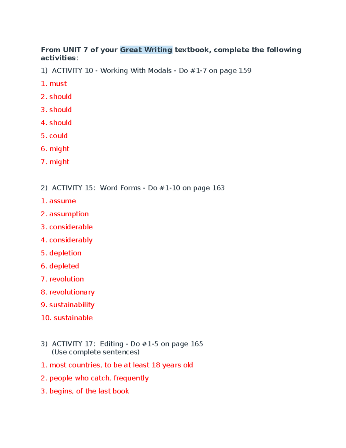 Homework #19 - Great Writing 5 - From UNIT 7 of your Great Writing ...