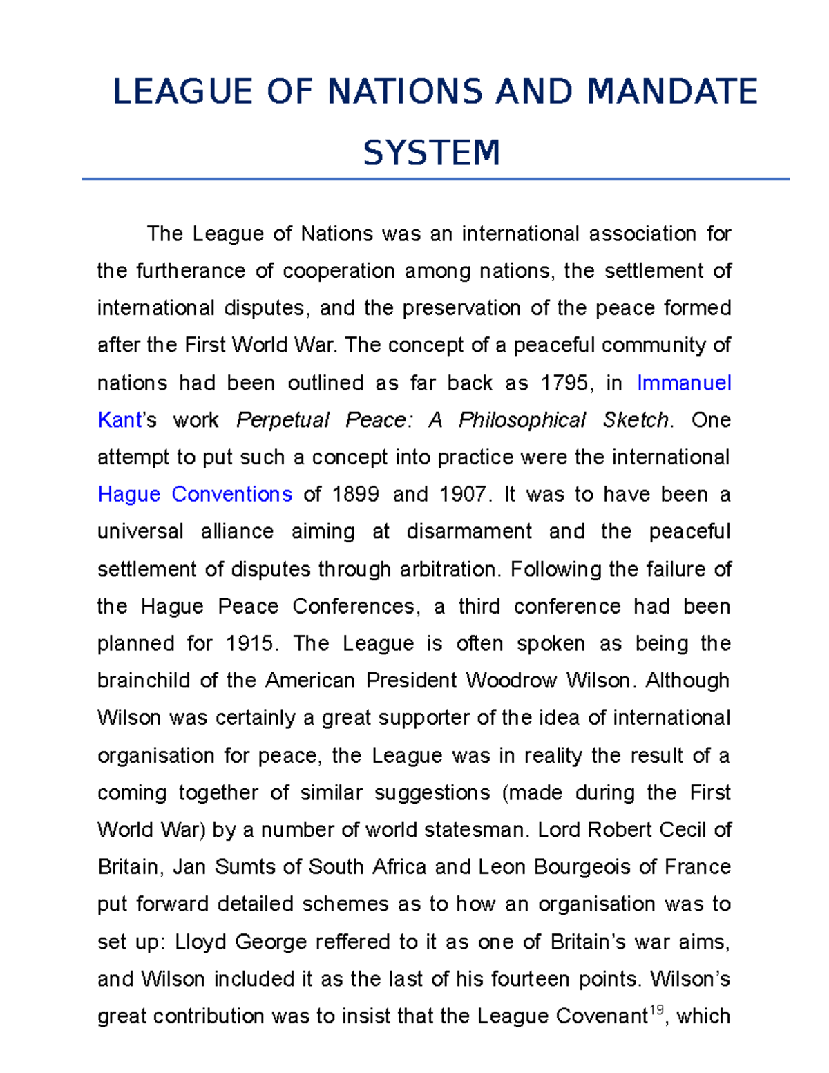 League OF Nations AND Mandate System - LEAGUE OF NATIONS AND MANDATE ...