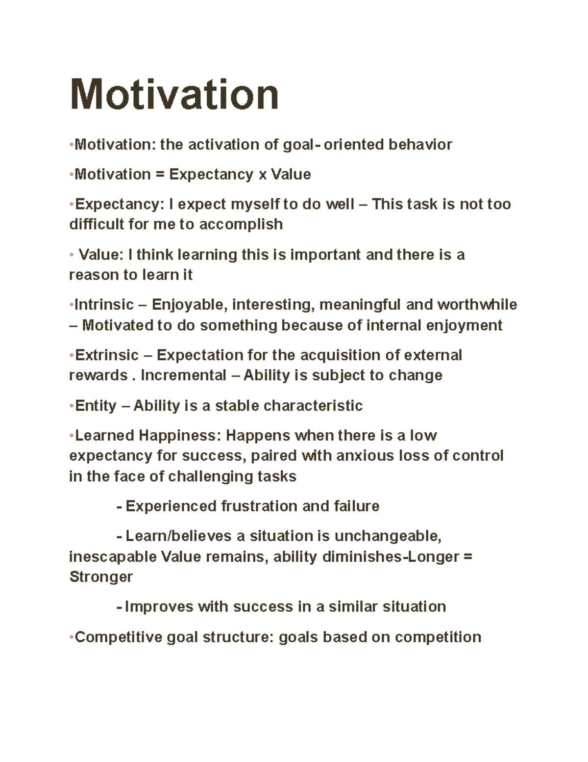 Motivation study guide - Motivation Motivation: the activation of goal ...