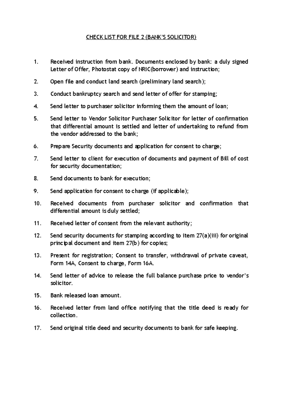 Check LIST FOR FILE 2-LOAN - CHECK LIST FOR FILE 2 (BANK’S SOLICITOR ...