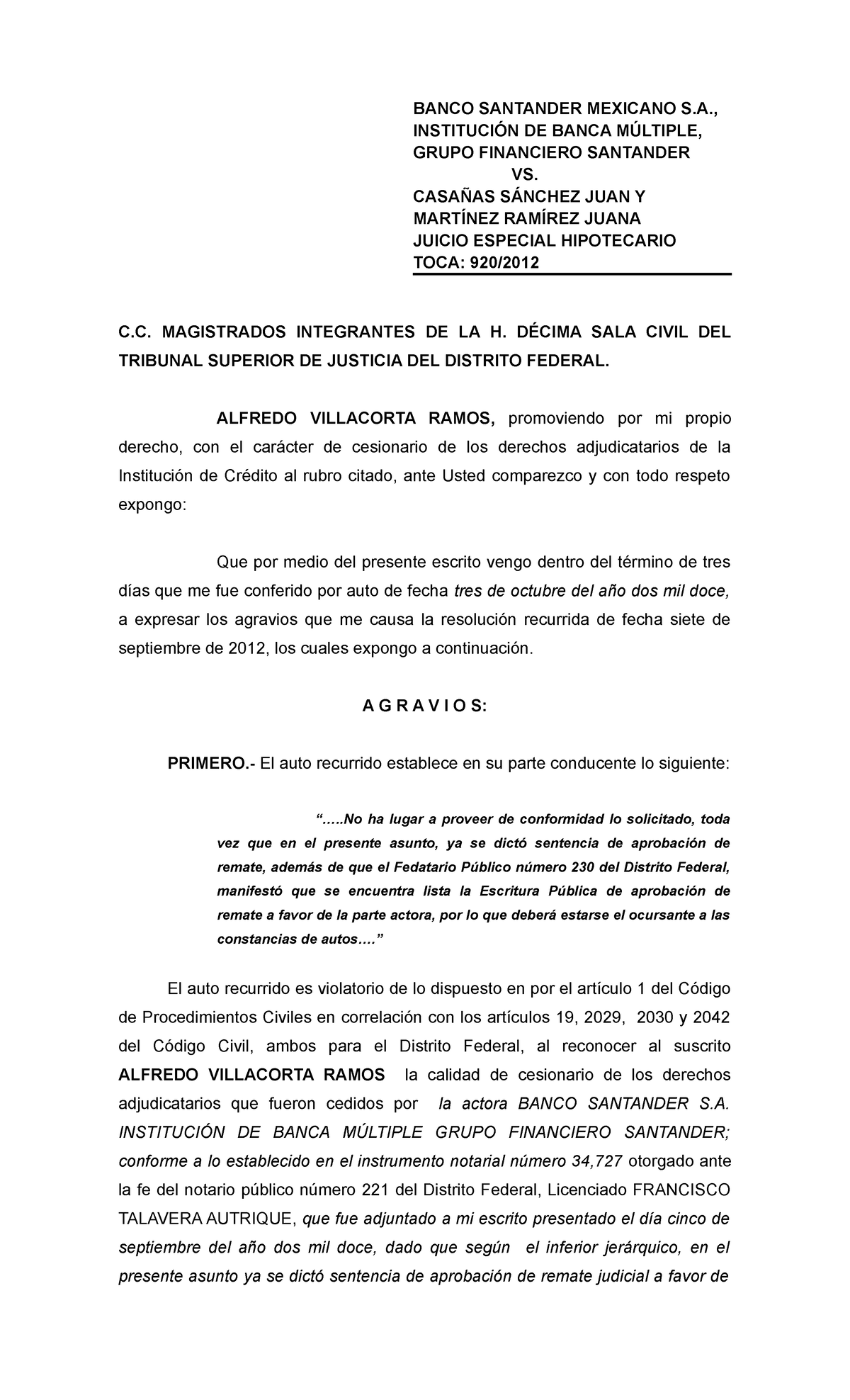 Apelación cesión adjudicatarios - BANCO SANTANDER MEXICANO S ...