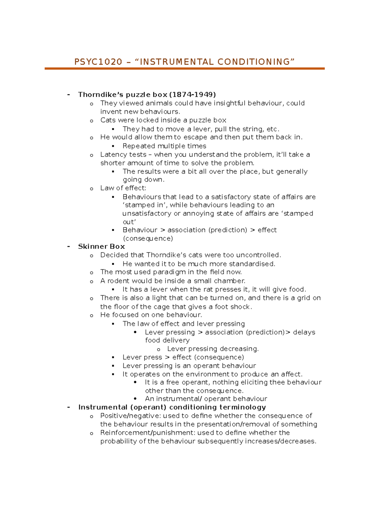 PSYCHOLOGY INTRO 2 - Week 5 Lecture Notes - PSYC1020 – “INSTRUMENTAL ...