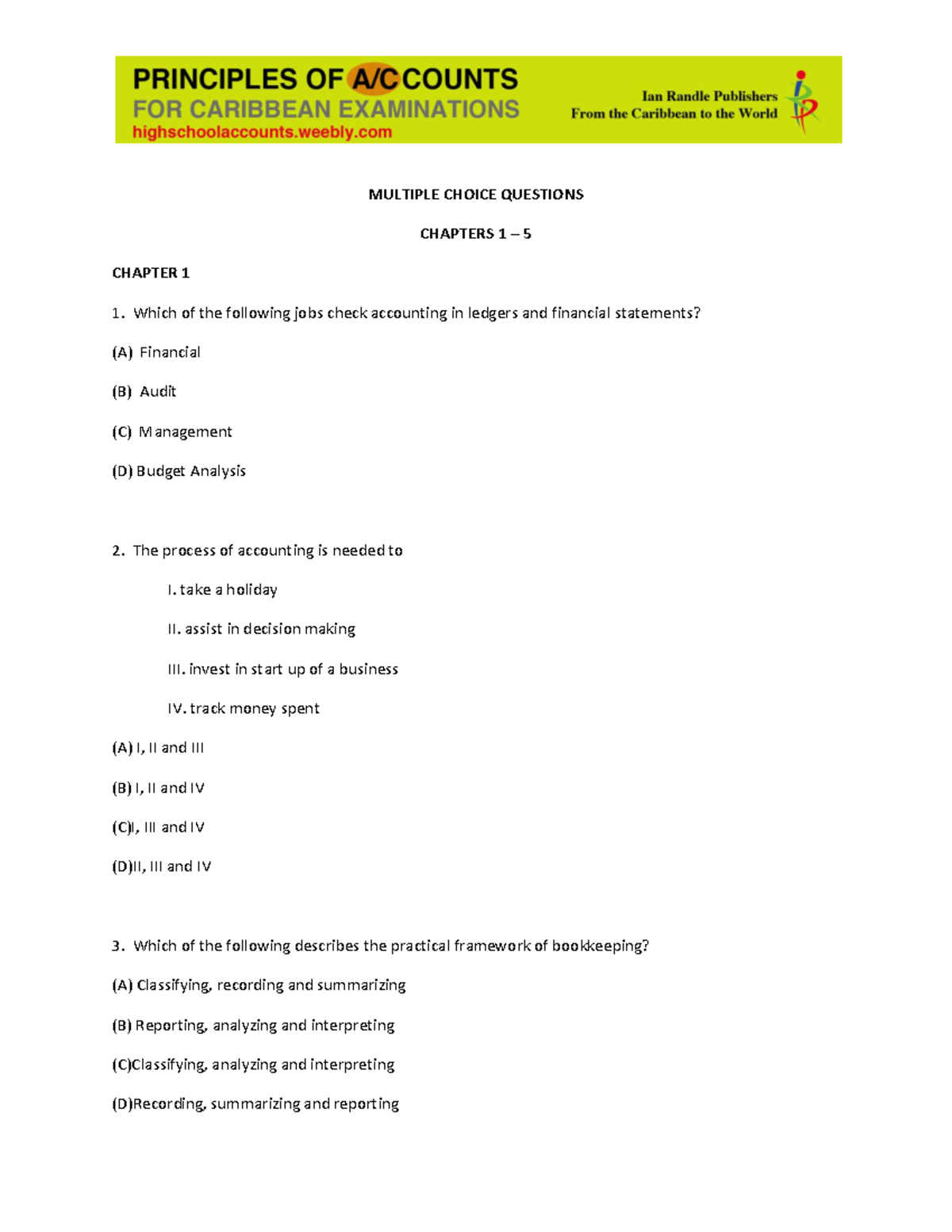 Accounting - Mcqs - MULTIPLE CHOICE QUESTIONS CHAPTERS 1 5 CHAPTER 1 1 ...