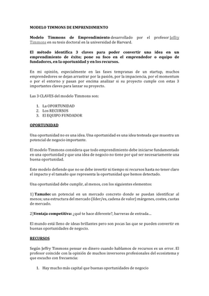 Modelo Timmons DE Emprendimiento - MODELO TIMMONS DE EMPRENDIMIENTO Modelo  Timmons de Emprendimiento - Studocu