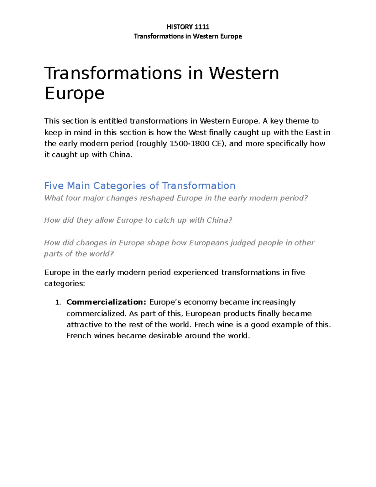 HIST 1111 - Transformations in Western Europe - Transformations in ...