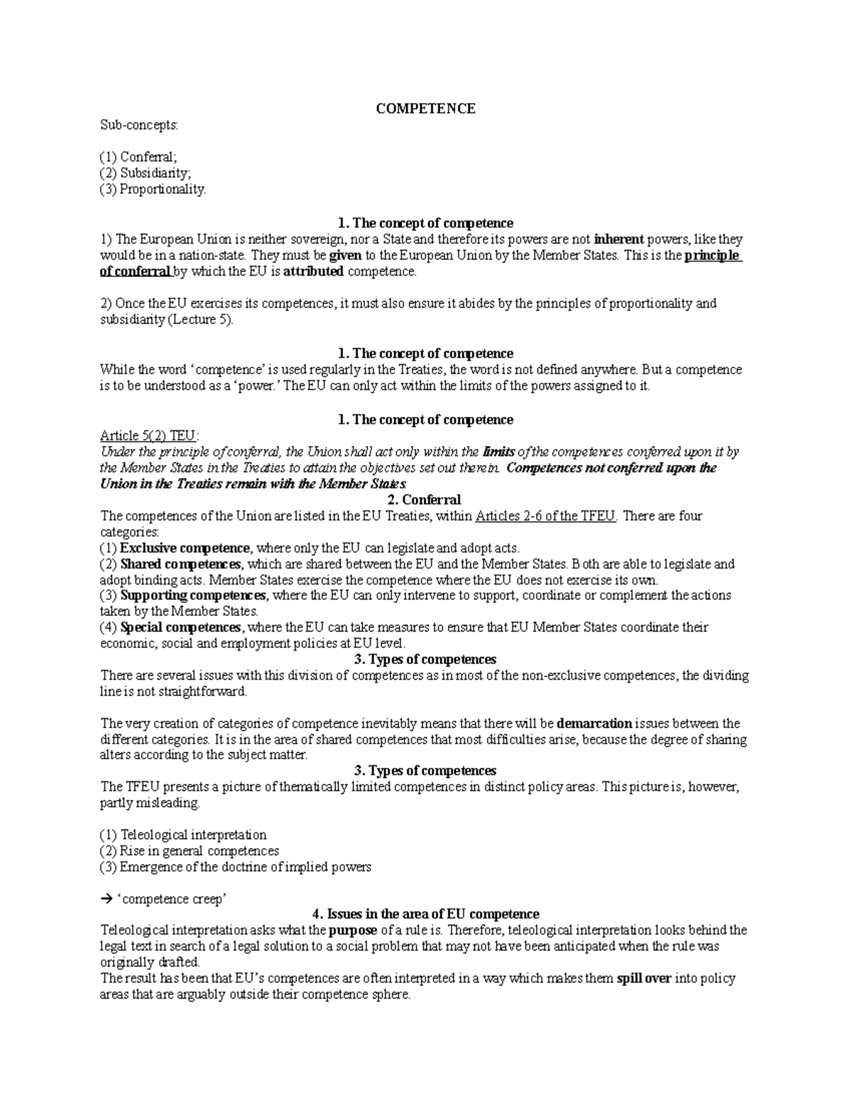 Eu law competence COMPETENCE Subconcepts (1) Conferral; (2