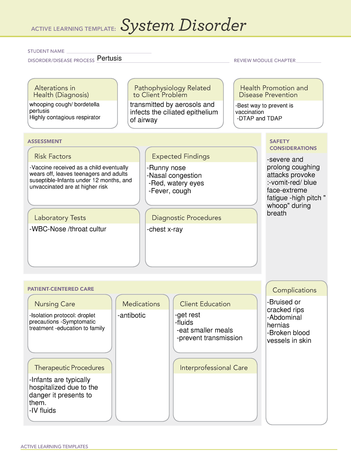 Pertusis - ATI TEMPLATE - ACTIVE LEARNING TEMPLATES System Disorder ...