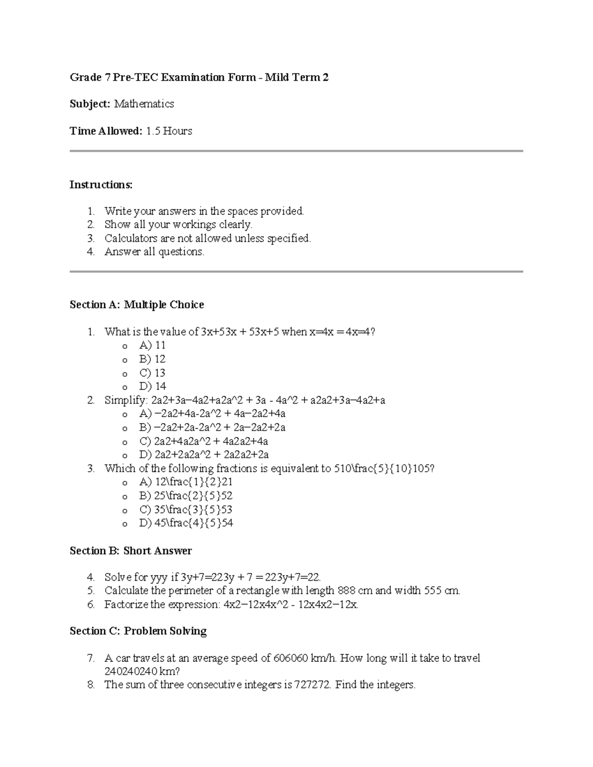 Math - Grade 7 Pre-TEC Examination Form - Mild Term 2 Subject ...